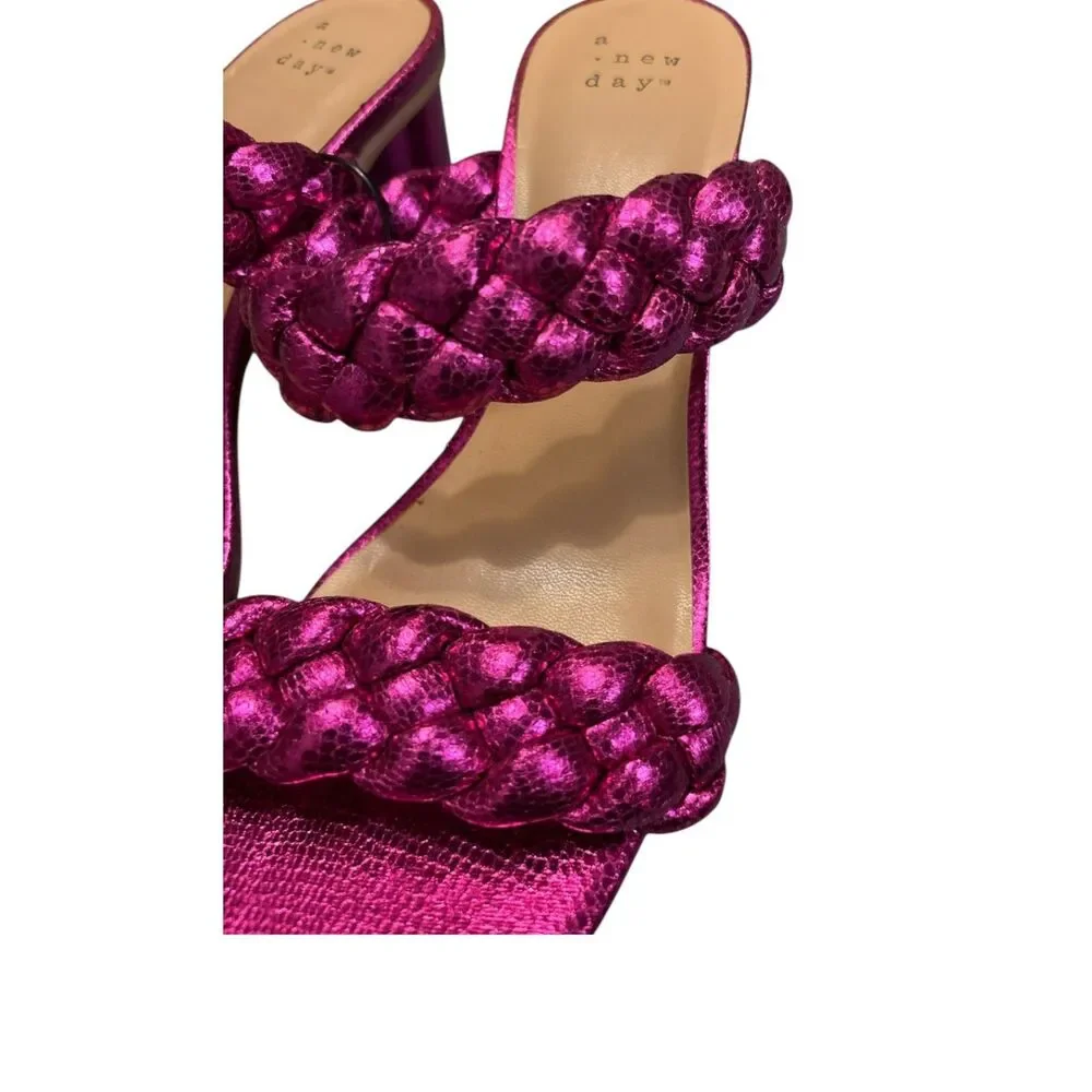 A New Day Hot Pink Metallic Braided Strap Sandals Size 7 Square Toe Mules